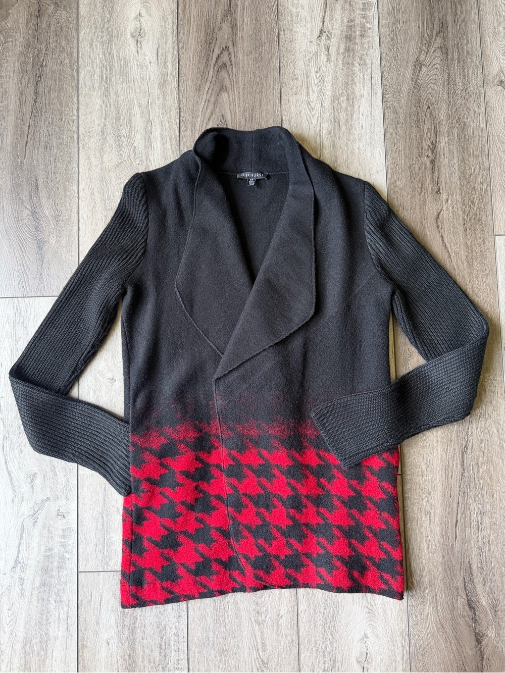 Parkhurst- Wool Black & Red Houndstooth Open Cardigan Sweater- Holiday Ready!